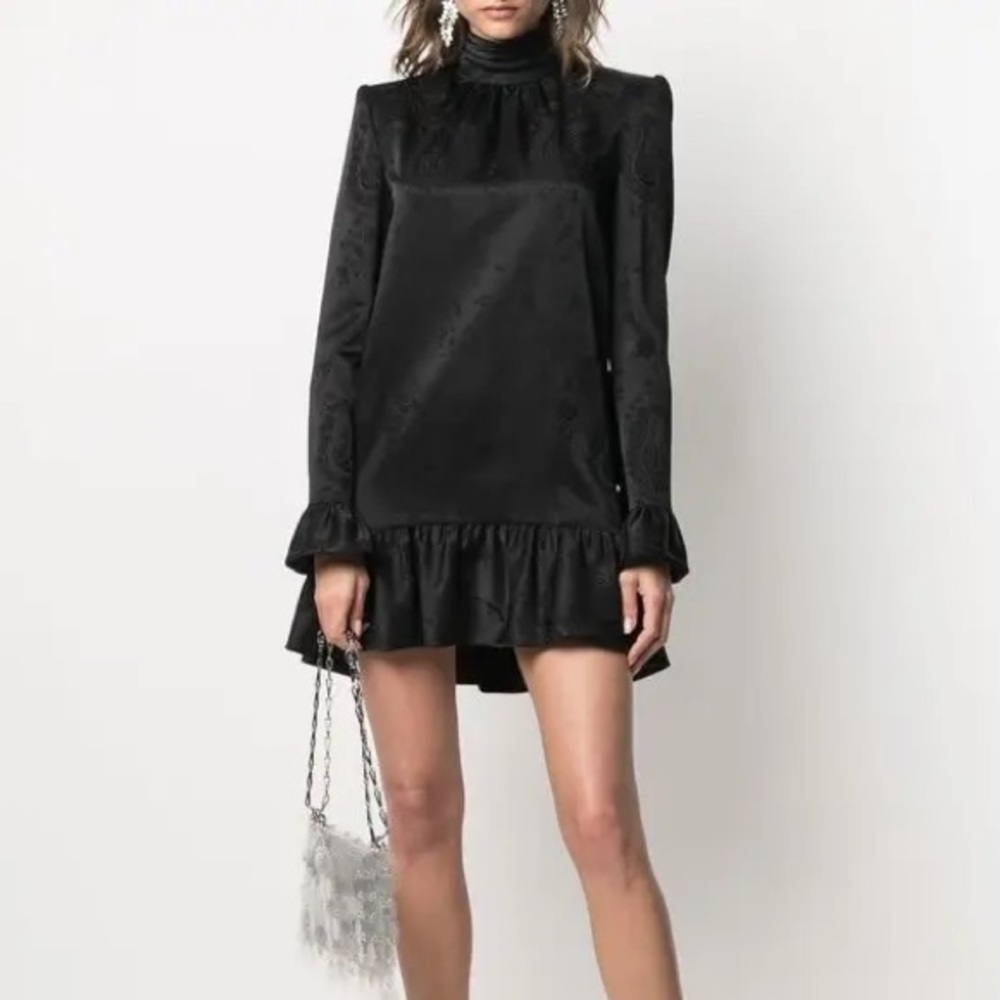 Saint Laurent black jacquard long sleeve ruffle mini dress - 6 / Small (38)